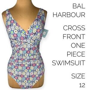 Bal Harbour Cross-Front One-Piece Swimsuit size 12 blue pink yellow white